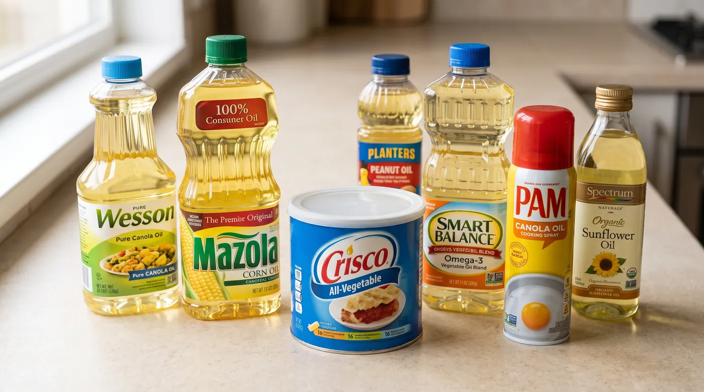 Common seed oil bottles, canola, corn, soybean