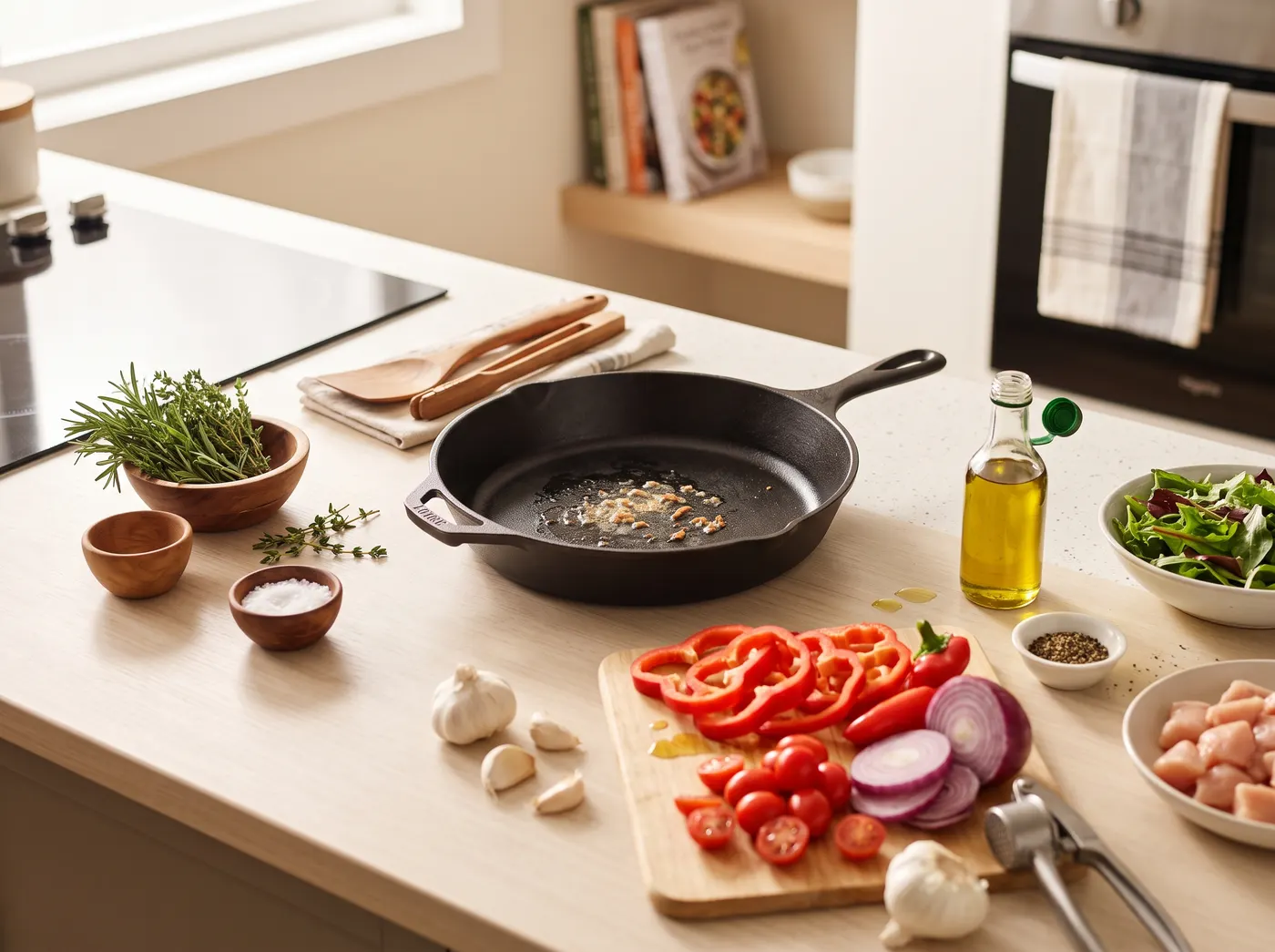 Healthy meal being prepared in a kitchen with olive oil and fresh vegetables