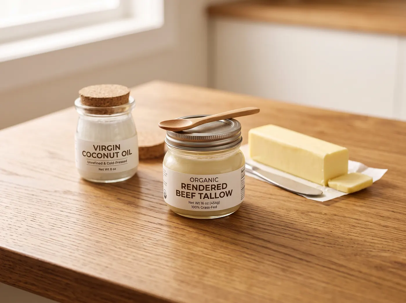 Jars of coconut oil, beef tallow, and a stick of butter on a wood counter